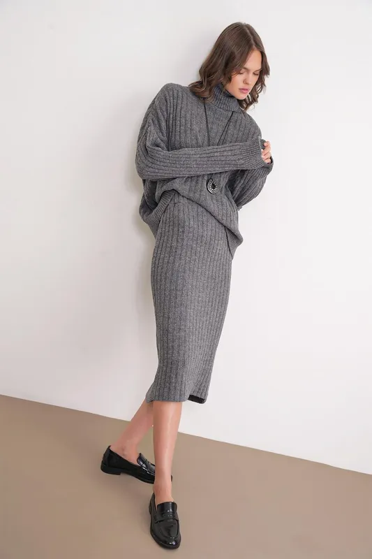 High Waist Ribbed Knit Skirt - MixRay