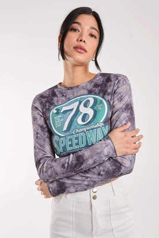 Racer Washed Printed Long Sleeve Top - Pink Vanilla