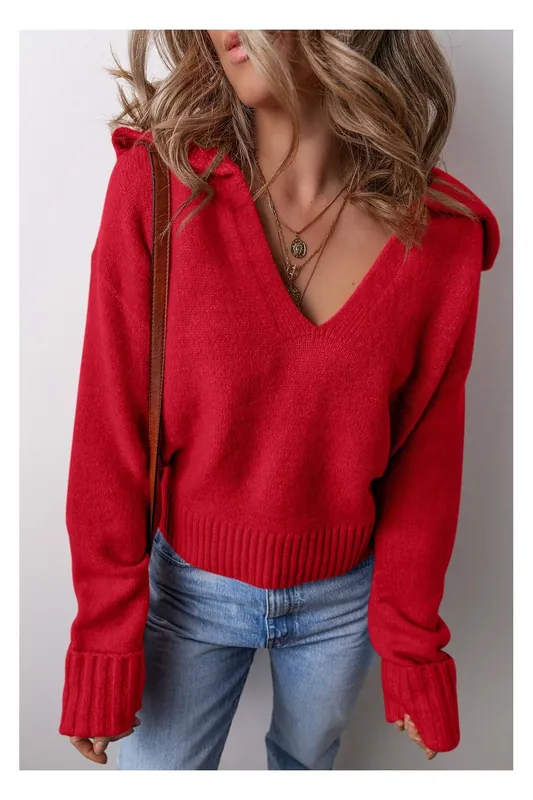 Racing Red Collared V Neck Ribbed Edge Sexy Elegant Sweater - Everyday The Label