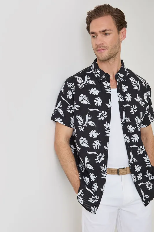 Plant Print Cotton Short Sleeve Shirt - Threadbare
