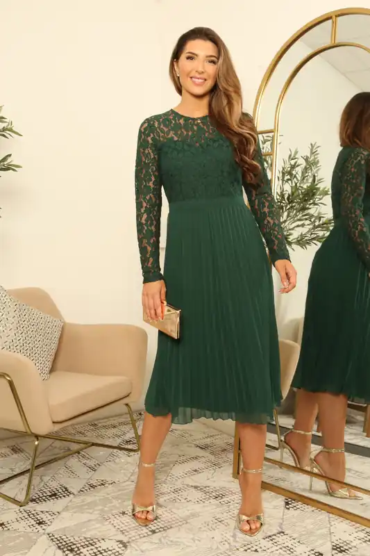 Long Sleeve Lace Pleated Dress - DOUBLE SECOND