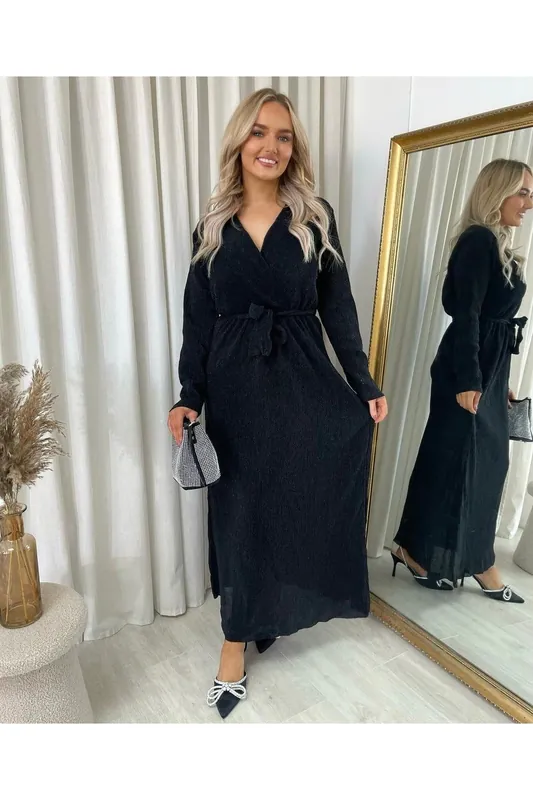 Pamela Elegant V Neck Tie Waist Glittery Maxi Dress - IKRUSH
