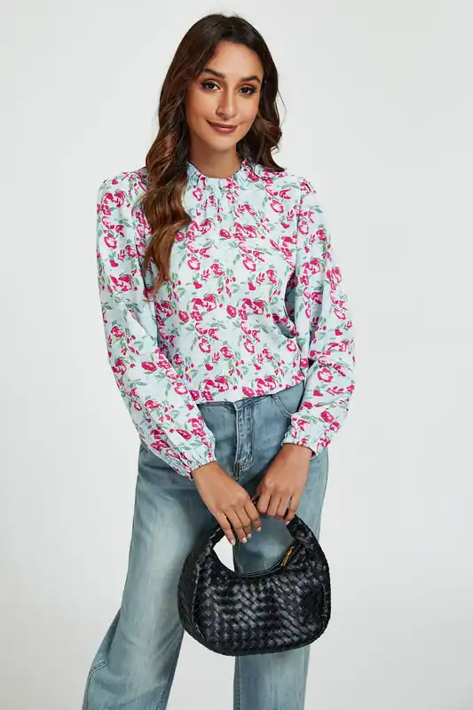 Floral Print Frill Detail High Neck Top In Blue & Pink - FS Collection