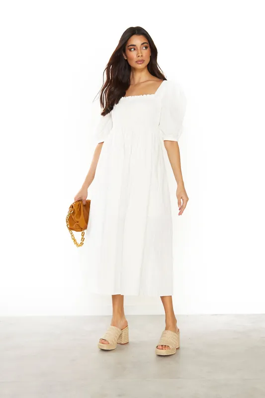 Smocked Midi Dress with Puff Sleeves - Shnoo