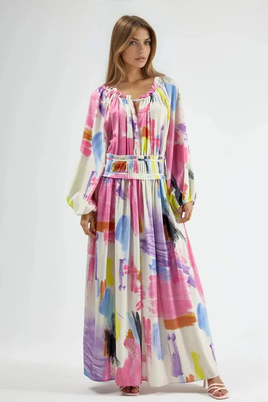 Abstract Print Belted Maxi Dress - MSN Collection