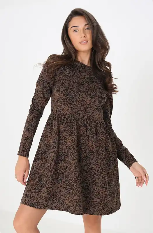 Cotton Animal Print Long Sleeve Mini Smock Dress - Brave Soul