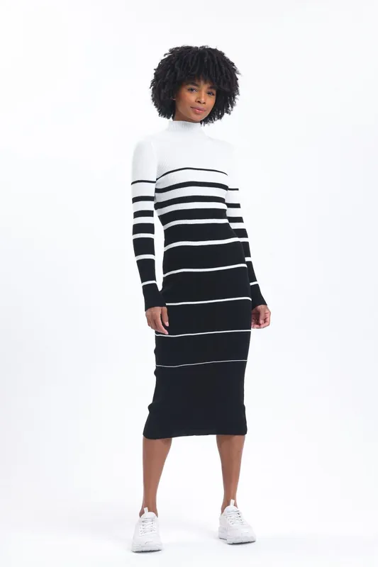 Knitted Striped High Neck Long Sleeve Midi Dress - Hiccup