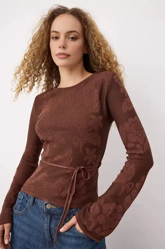 Textured Floral Pattern Tie Waist Knit Sweater - WOVCOR