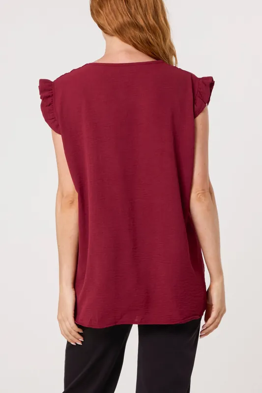 Wine Gold Button Detail Frill Top - Blue Vanilla
