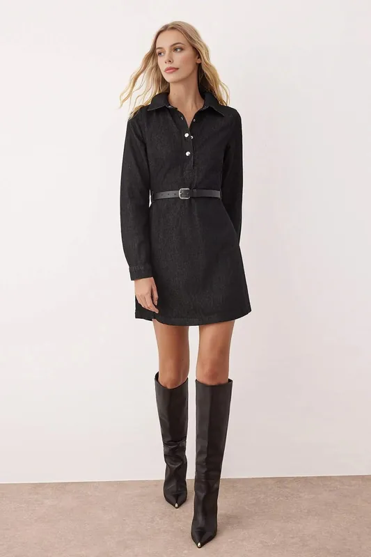 Belted Shirt Collar Long Sleeve Mini Denim Dress - WOVCOR