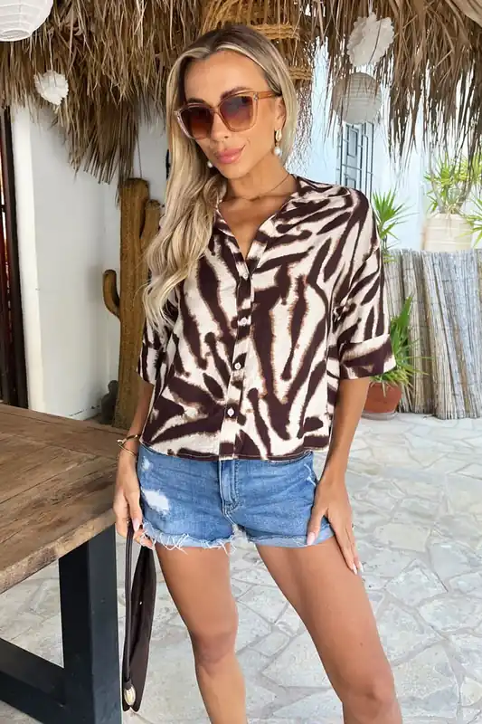 Brown Animal Print Short Sleeve Boxy Shirt - AX Paris