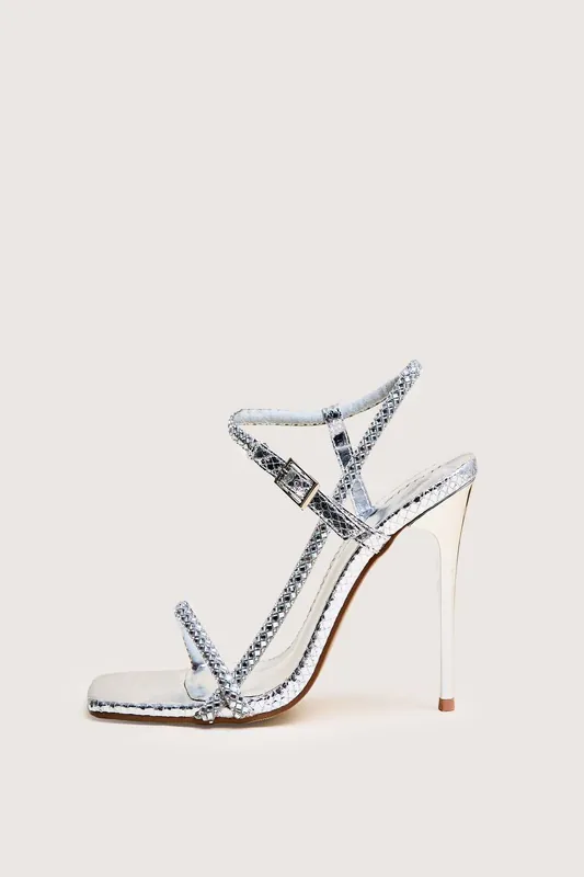 Last Night Silver Snake Pu Diamante Strap Stiletto High Heels - Public Desire