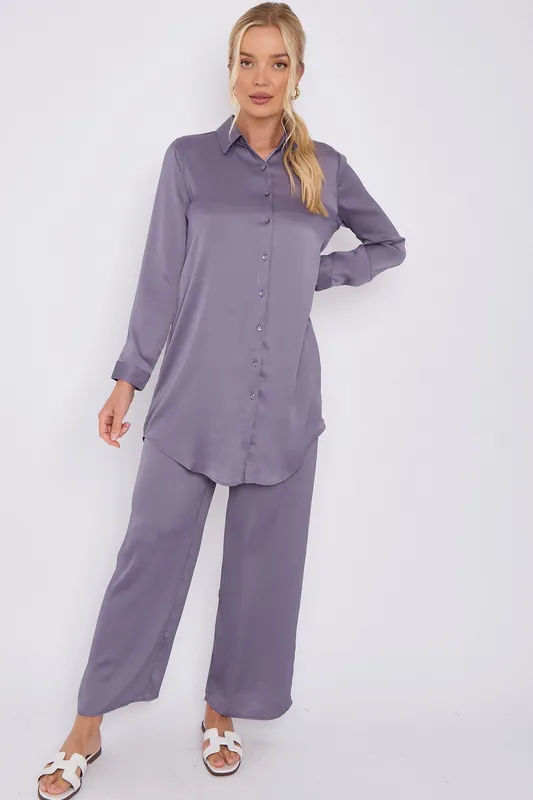 Purple Grey Crepe Satin Co-ord Shirt and Trousers Set