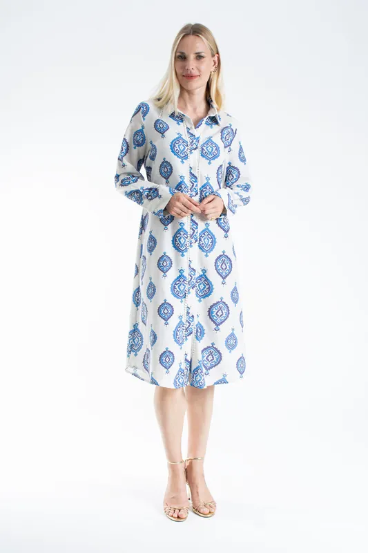 Women’s Linen Blend Ornamental Print Midi Shirt Dress - Belissh