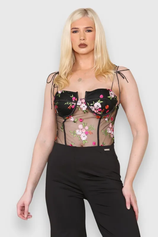 Floral Embroidered Sleeveless Bodysuit - ELAINA FASHION
