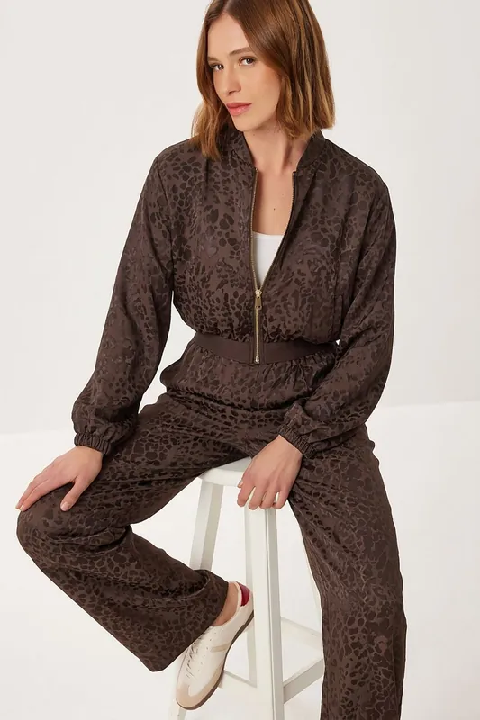 Leopard Print High Waist Bomber Collar Co-ord Set
