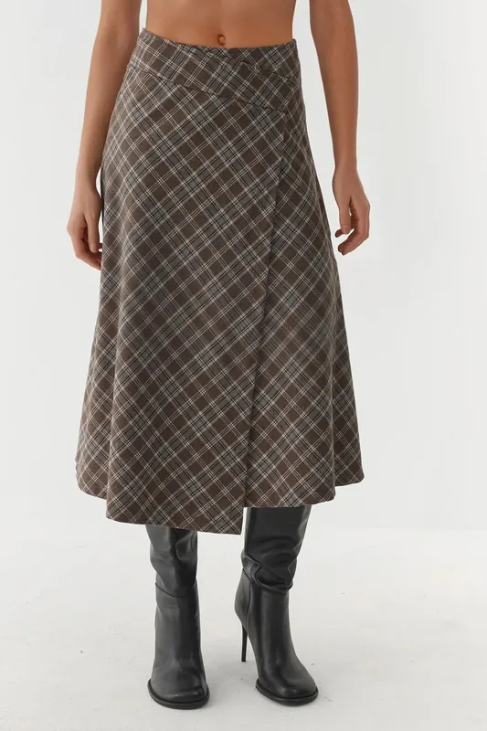 Plaid Maxi Skirt with Button Closure - Hiccup
