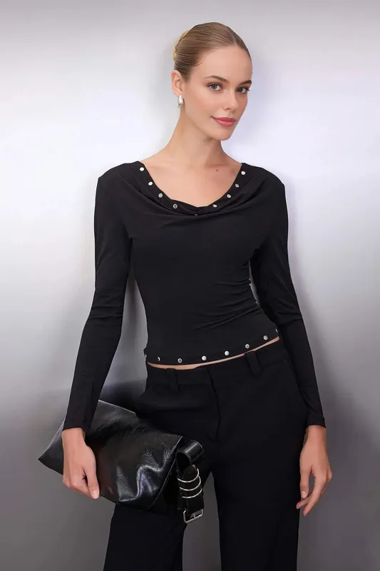 Stud Detail Cowl Neck Fitted Long Sleeve Knit Blouse - WOVCOR
