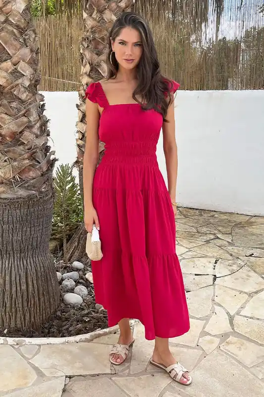 Magenta Frill Strap Smock Midi Dress - AX Paris