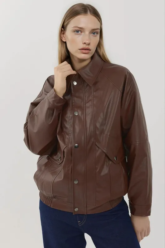 Oversized Faux Leather Jacket with Pockets - Hiccup
