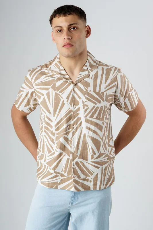 Cotton Linen Blend Tropical Print Short Sleeve Button Shirt - Influence