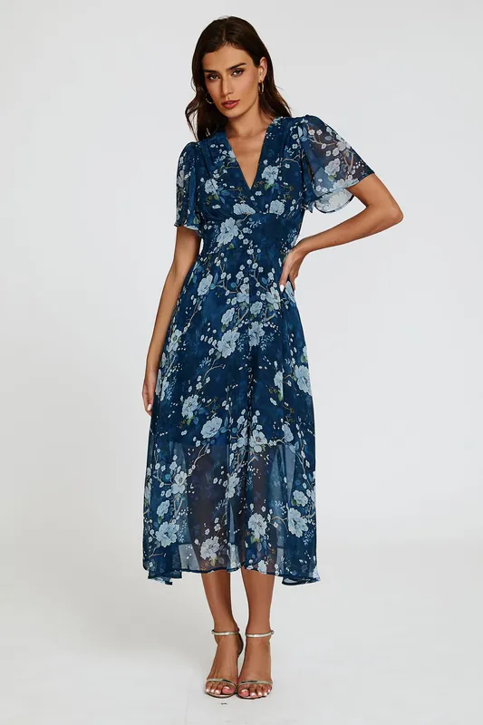 Floral Print Midi V neckline Dress In Navy - FS Collection