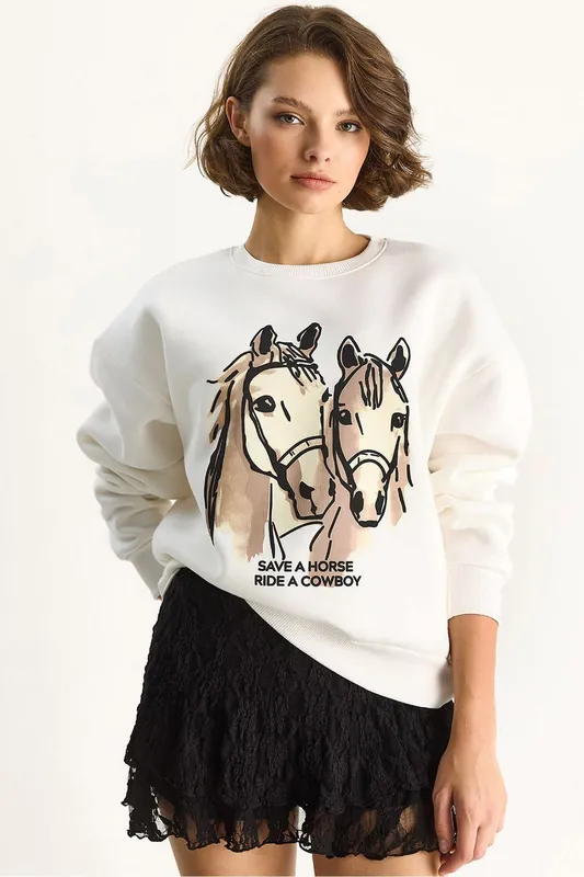 Relaxed Fit Printed Sweatshirt with Back Print - Bianco Lucci