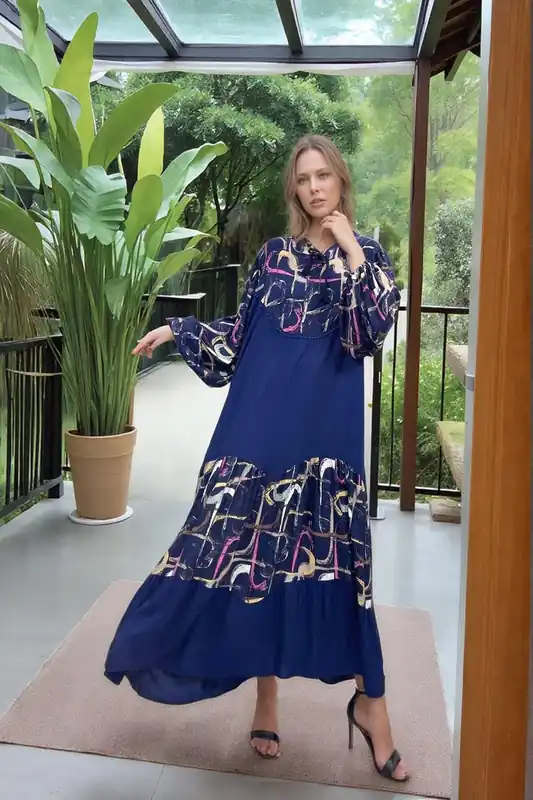 Abstract Panel Maxi Dress in Navy Blue - Belissh