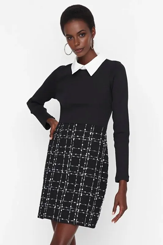 Textured Tartan Pocket Detail Mini Shift Dress - WOVCOR