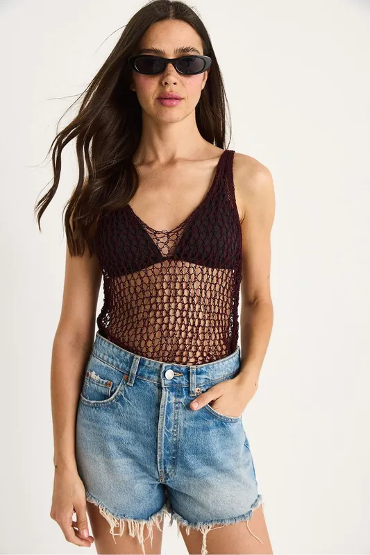 Textured Knitwear Crew Neck Blouse with Mesh Detail - Bianco Lucci
