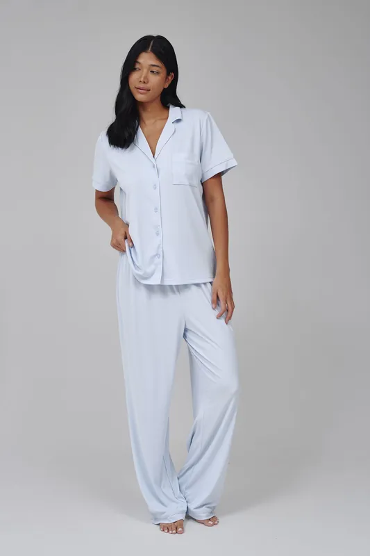 Super Soft Jersey Rib Traditional Short Sleeve Long Pant Set - Loungeable