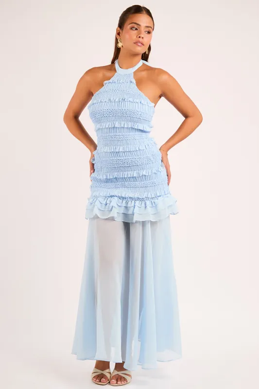 Sarrah Baby Blue Tiered Chiffon Fit and Flare Halter Maxi Dress - Jaded Rose
