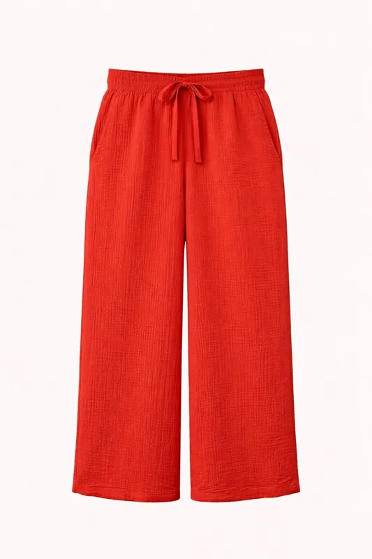 High Waist Textured Muslin Fabric Pants - MixRay
