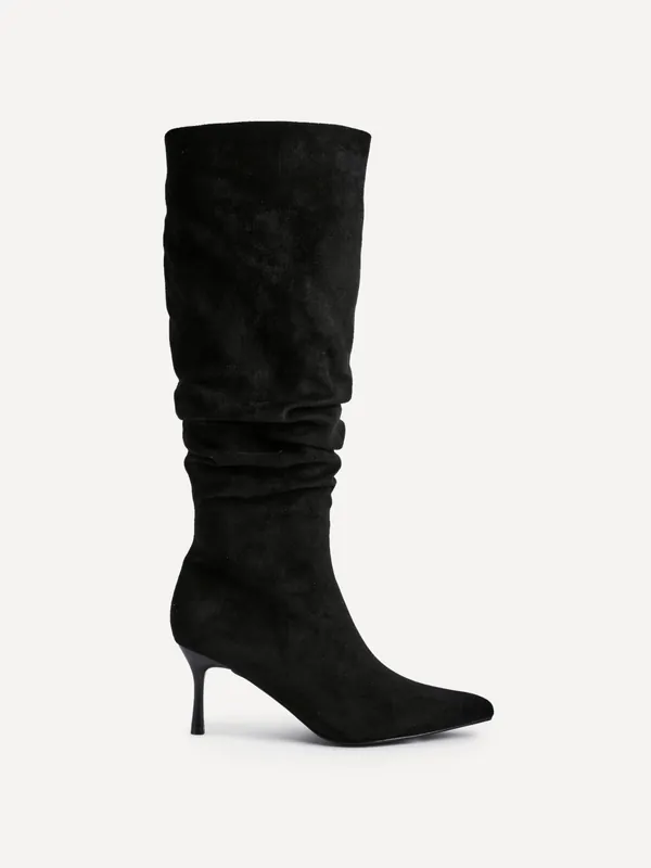 Rosenna Black Faux Suede Ruched High Leg Heeled Boot - Linzi