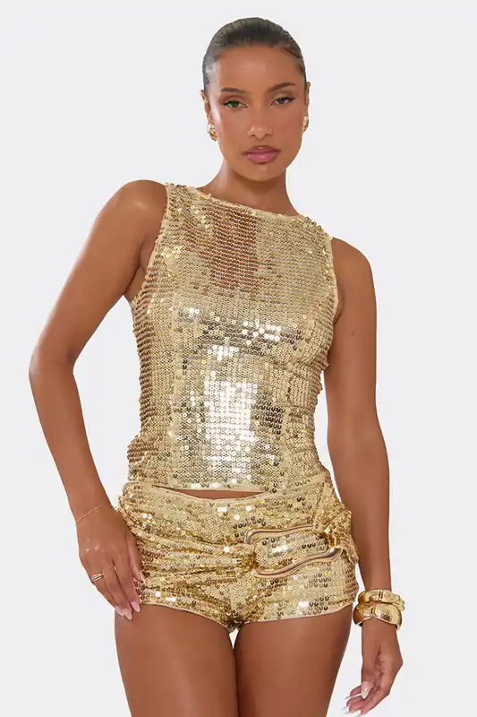 Sleeveless Round Neck Sequin Vest - EGO
