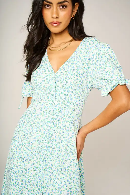 Tie Sleeve Button-Front Midi Dress in Blue Ditsy Floral