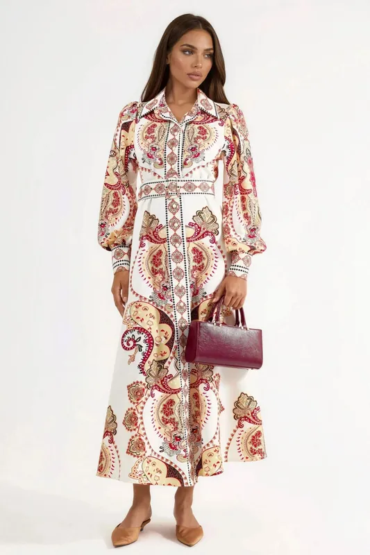 Patterned Maxi Dress with Belt - MSN Collection