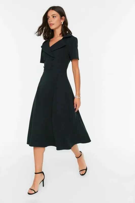 Button Detail Skater Fit and Flare Midi Woven Dress - WOVCOR