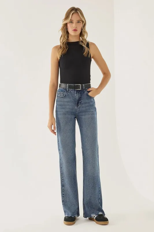Washed Effect Straight Leg Jeans - Hiccup