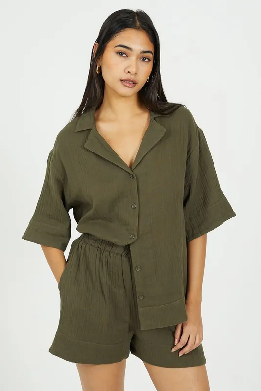 V-Neck Button Through Short Sleeve Shirt
