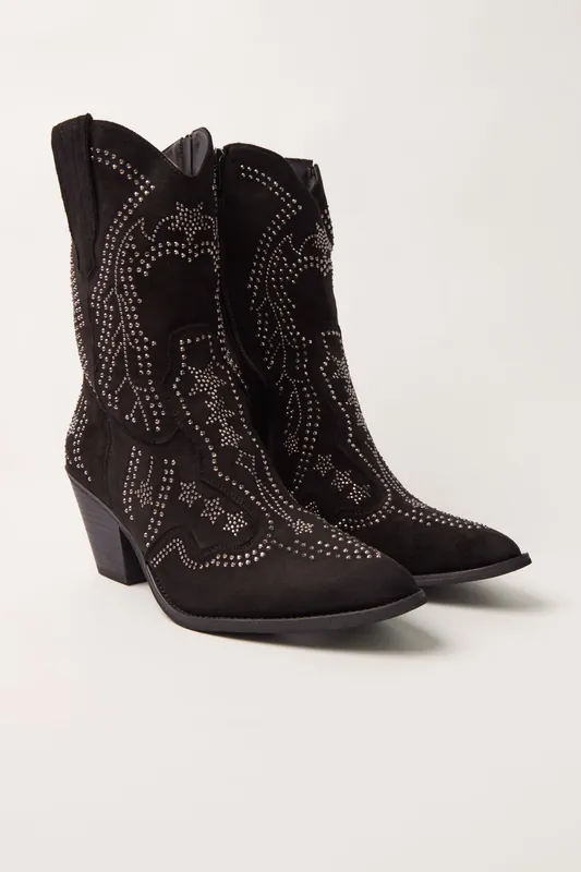 Black Studded Mid Length Diamante Cowboy Boots - Blue Vanilla