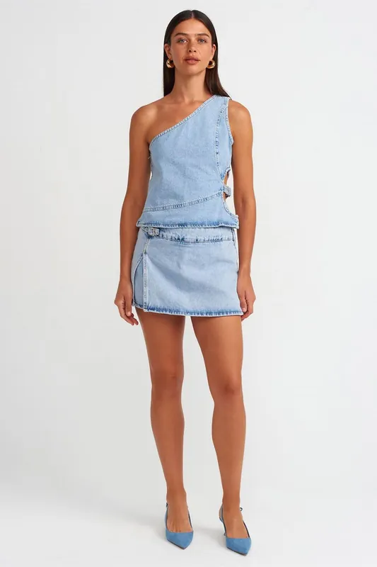 Cotton Denim Mini A-Line Skirt