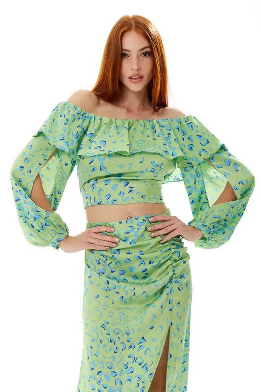 Ruffle Long Sleeve Off The Shoulder Top With Sleeve Slits In Green Animal - Liquorish