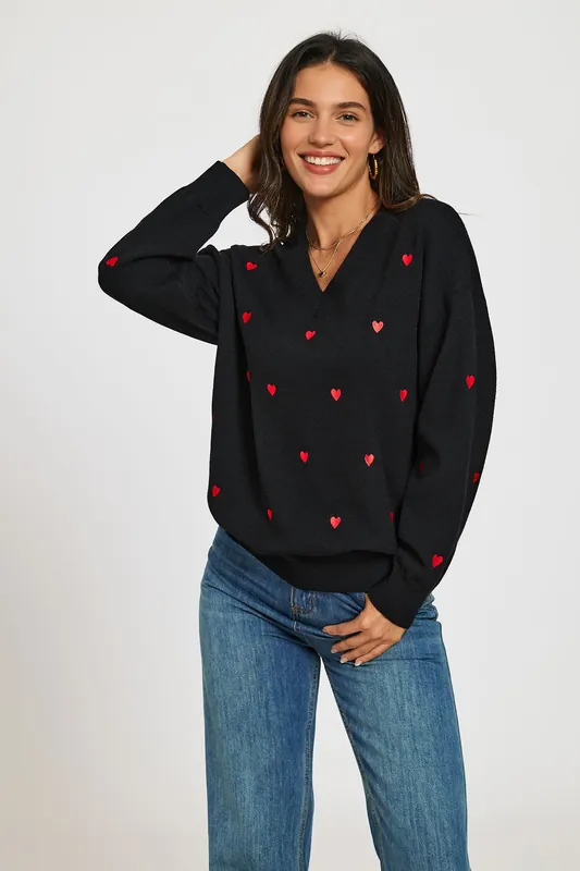 Embroidery Red Heart V Neck Jumper In Black - FS Collection