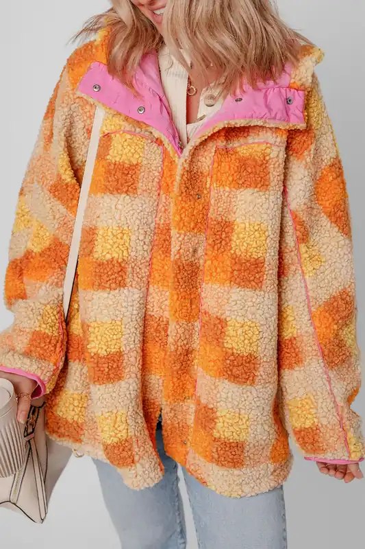 Orange Checkered Sherpa Hooded Jacket - Everyday The Label