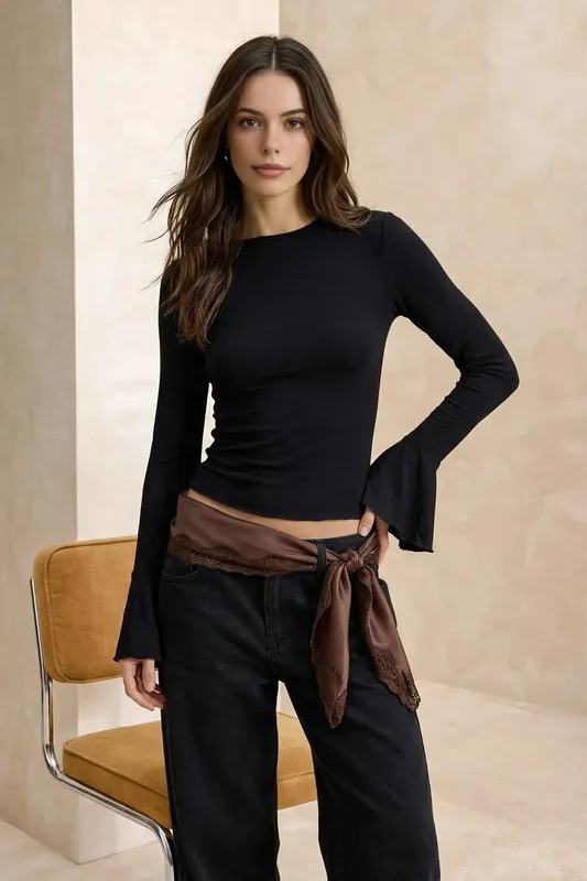Flare Cuff Fitted Long Sleeve Top - WOVCOR