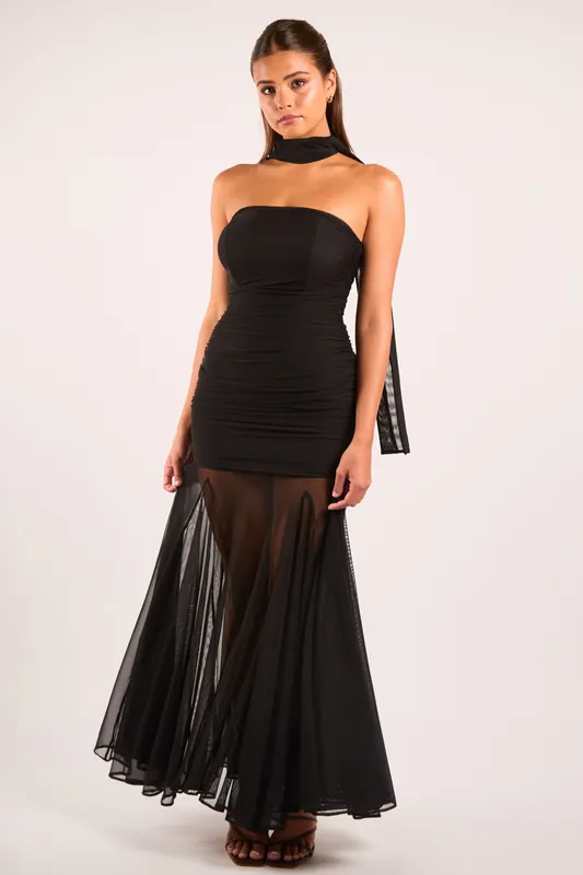 Tatiana Black Strapless Ruched Fit and Flare Maxi Dress - Jaded Rose