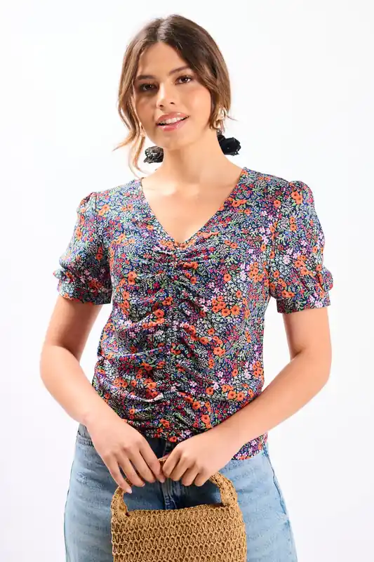 Multicoloured Floral Ruched Top - Needs No Label