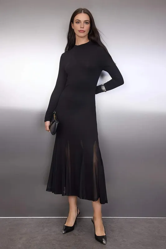 Long Sleeve Stretch Knit Maxi Dress with Ruffle Hem - WOVCOR
