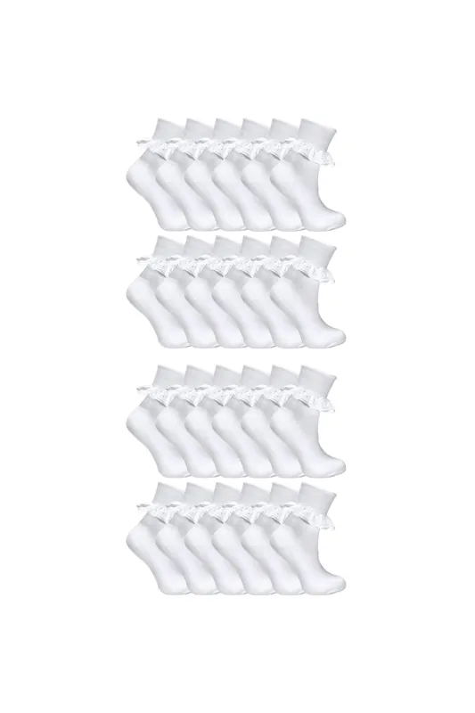 24 Pair Multipack White Frilly Lace Socks - Sock Snob